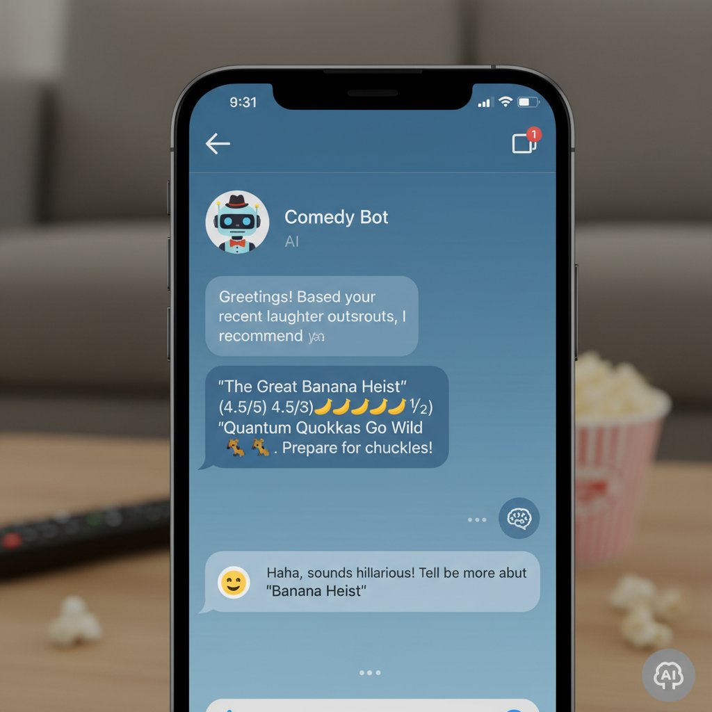 Close-up of a smartphone displaying quirky movie chat thread about comedy rediscovery, movie finding again comedy AI assistant