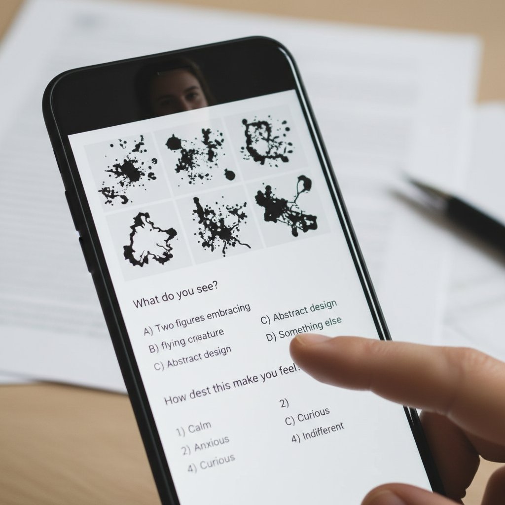 Symbolbild: Nahaufnahme eines Smartphones mit geöffnetem psychologischen Test, Fokus auf Hände und Bildschirm