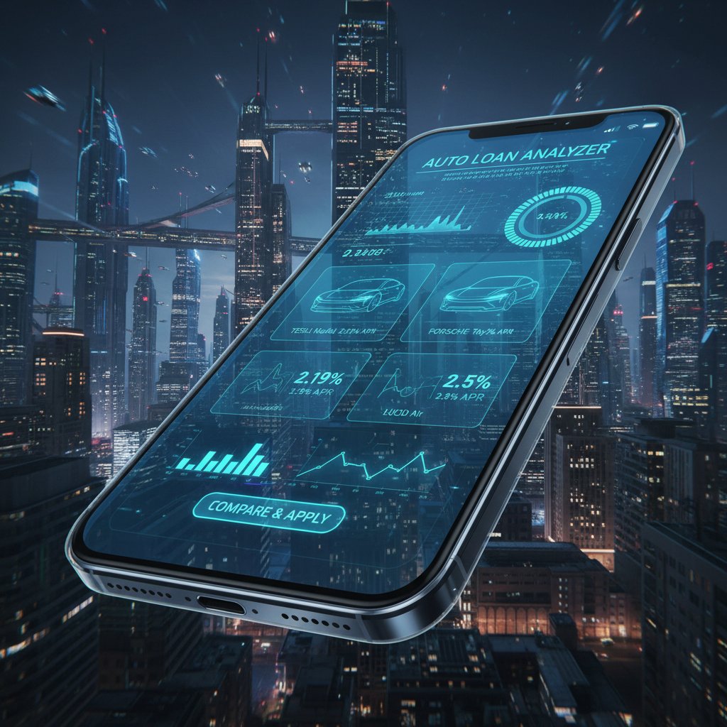 Smartphone with auto loan comparison app showing AI-driven vehicle financing options