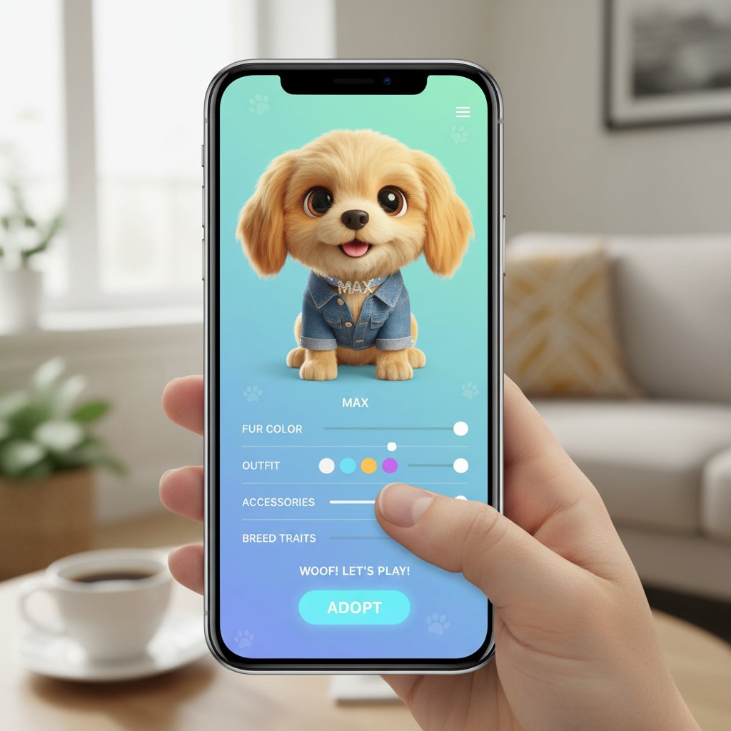 Ekran smartfona z aplikacją pieska AI, różne opcje personalizacji i interakcji