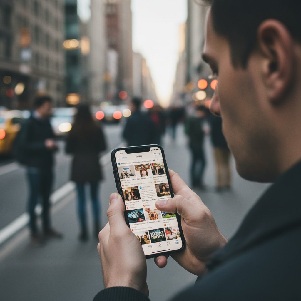 Przeglądanie social mediów – cyfrowa obojętność, ekran smartfona z tłumem przewijanych postów