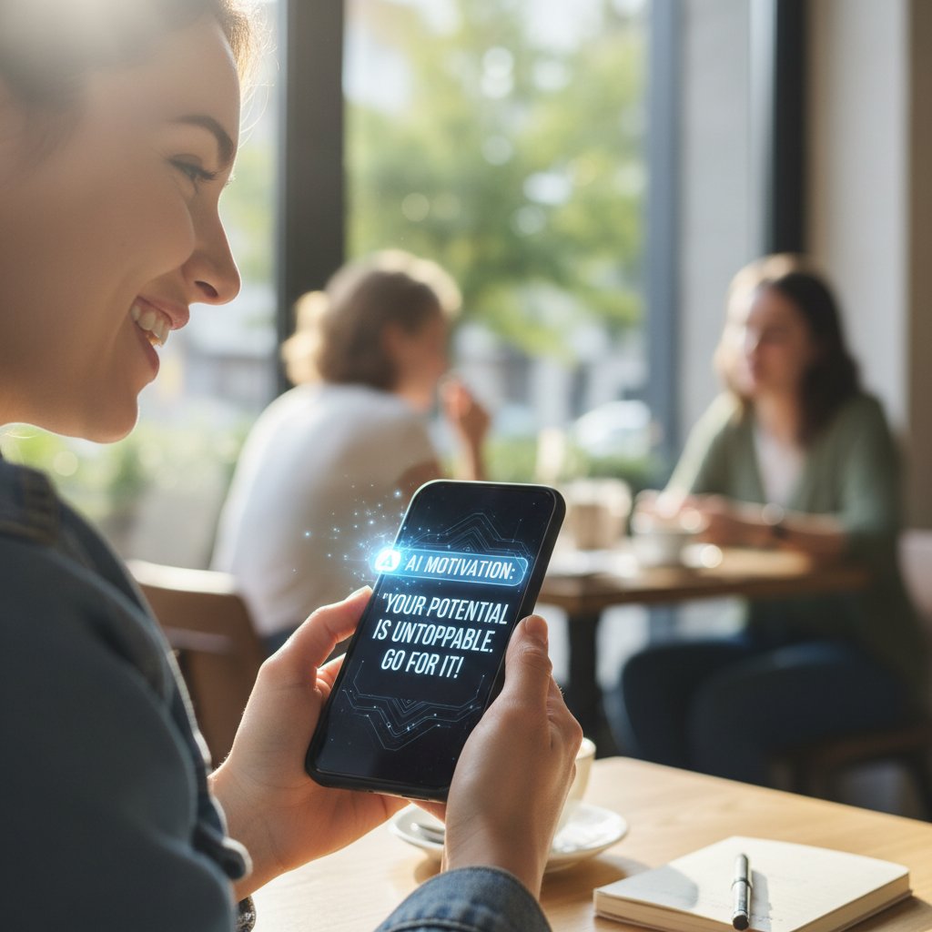 Młoda osoba korzystająca z telefonu, uśmiechnięta, motywacyjne powiadomienie od AI na ekranie