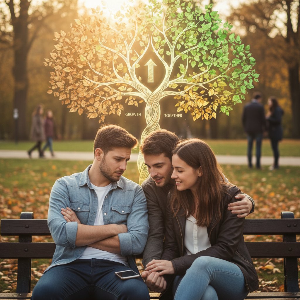 A couple arguing while one partner checks social media on their phone, tension visible