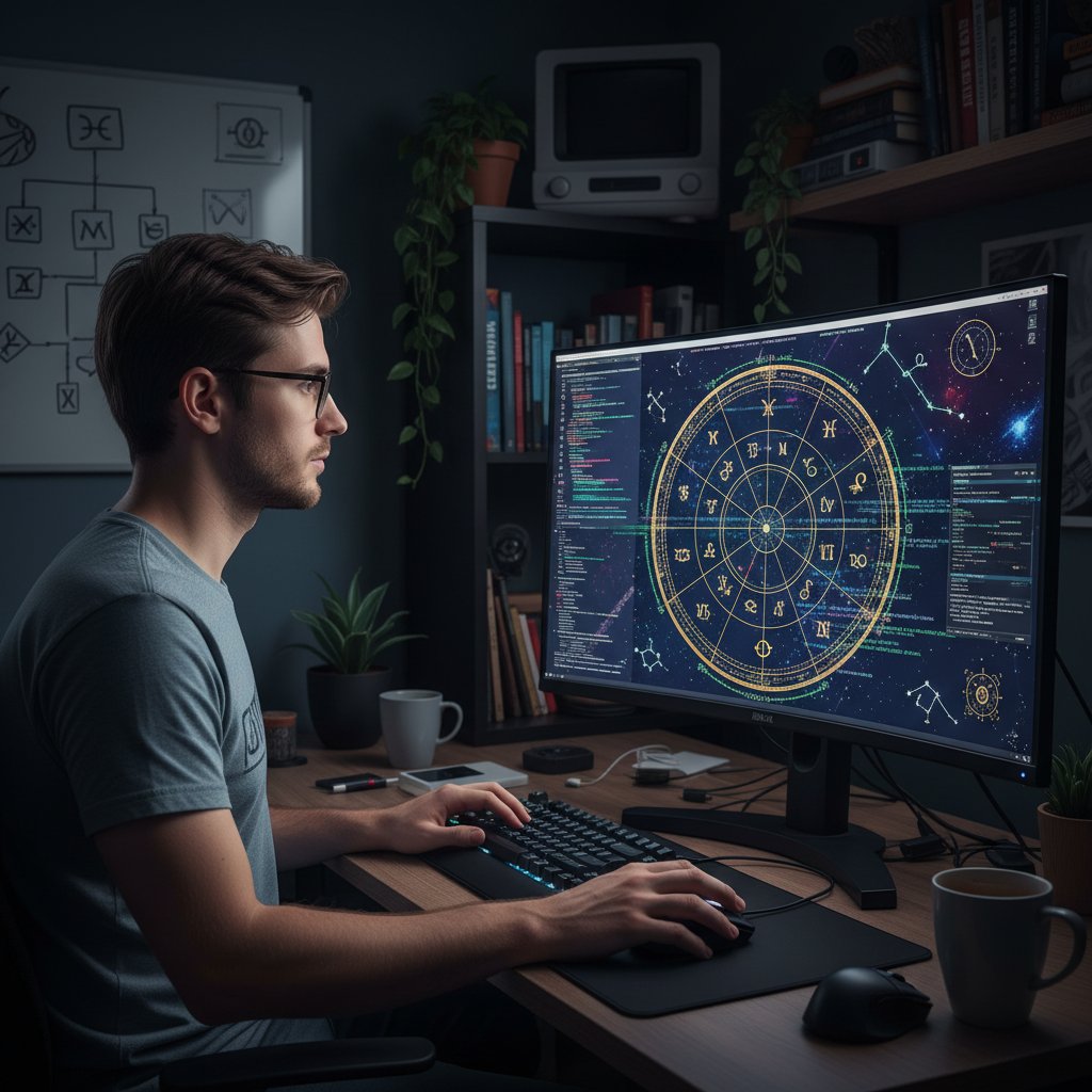 Programista pracuje nad algorytmem astrologicznym przy komputerze, na ekranie wykres astrologiczny