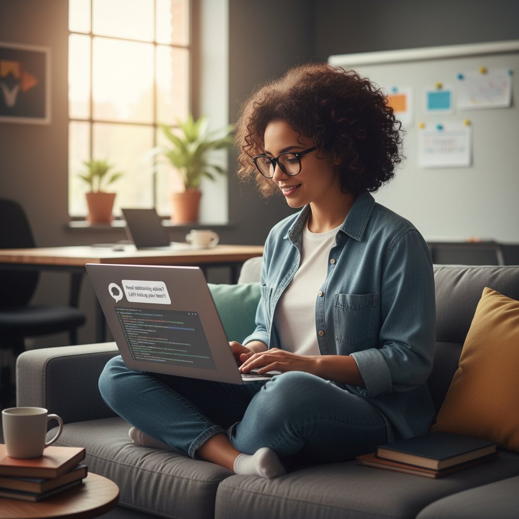 Software engineer programming AI chatbot for relationship advice on laptop, office setting, code visible