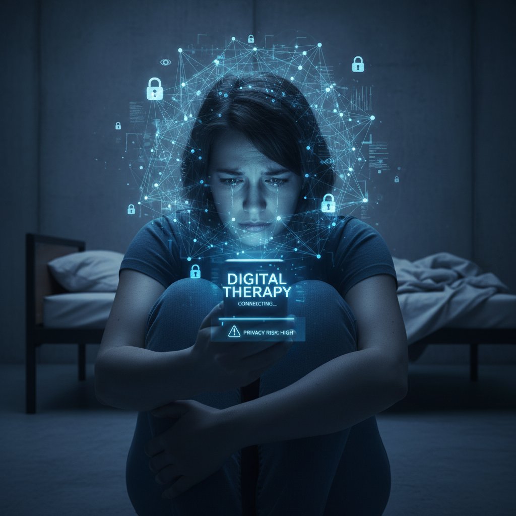 Moody photo: person alone with phone, blue light, anxious expression—privacy and digital therapy risks