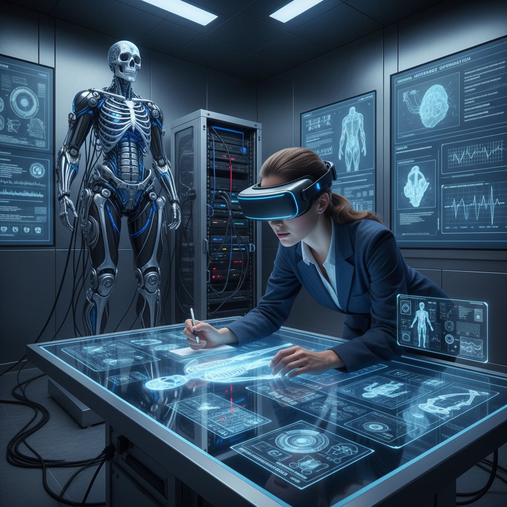 Specjalista analizuje dane z egzoszkieletu na tablecie; zaawansowana technologia w tle