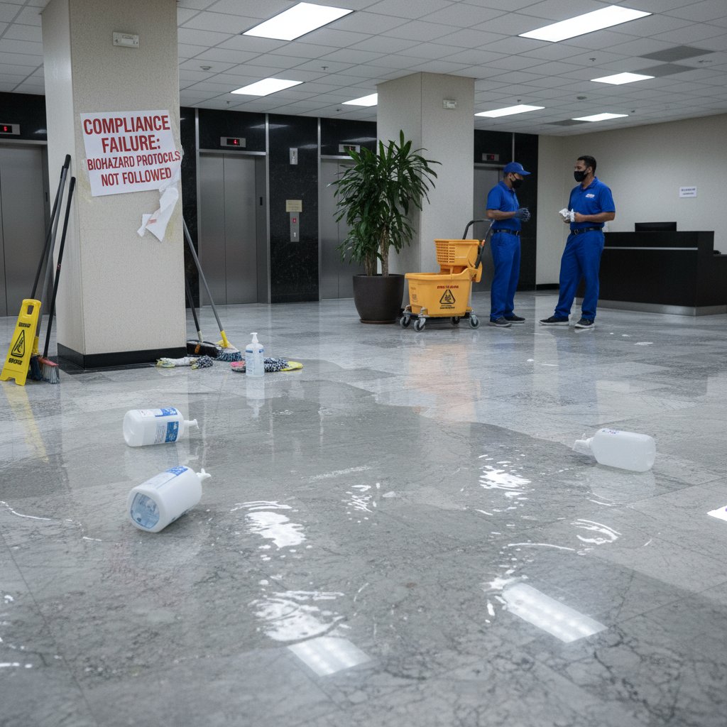 Spilled sanitizer ignored by cleaning crew, symbolizing subtle warning signs of compliance breakdowns