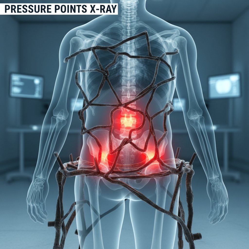 Spine under stress from uncomfortable seat, X-ray style with visible pressure points on back