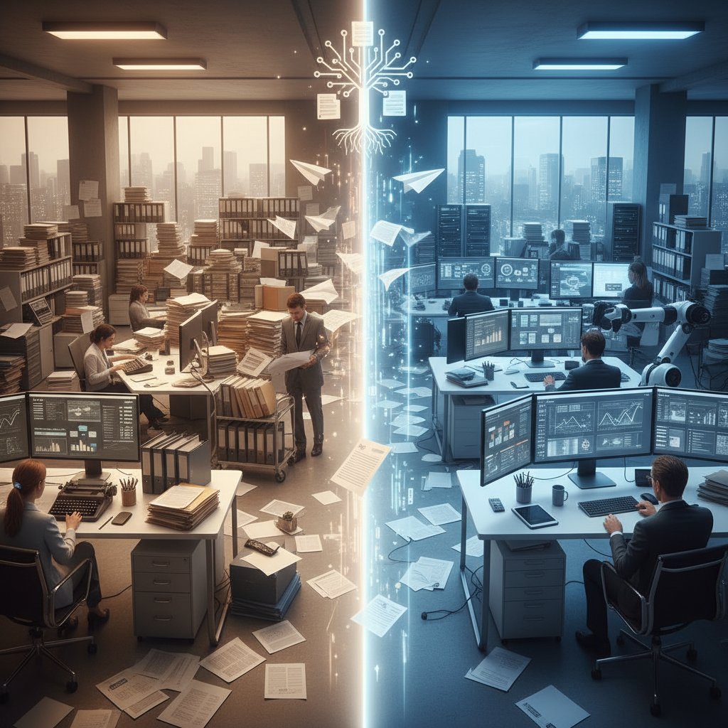 Split office scene illustrating the divide between paper-heavy and digitized workflows in the document digitization industry forecast