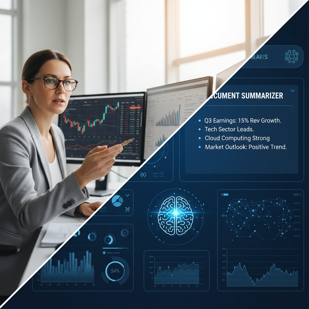 Split-screen photo: Left side stacks of paper, right side analyst with AI dashboard, showing before and after document summarizer workflow