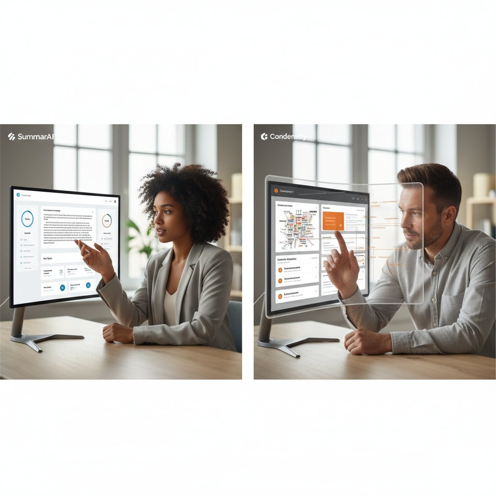 Comparing document summarizer tool features on-screen, split-screen, modern interface