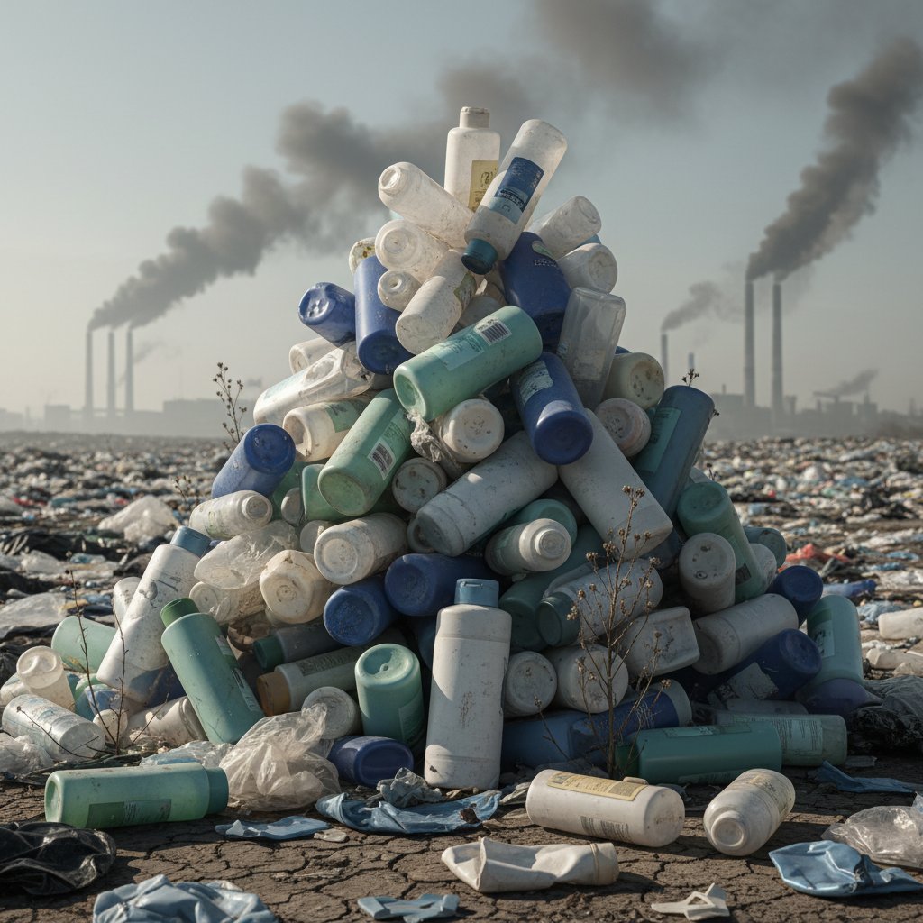 Stos zużytych plastikowych butelek po produktach higienicznych, symbol problemu ekologicznego