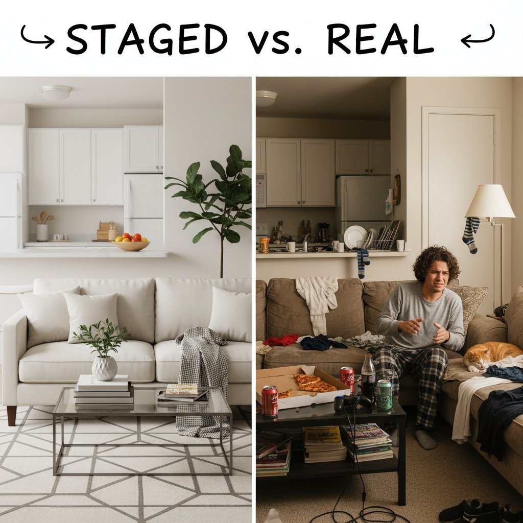 Comparison of staged and reality in apartment photos, side-by-side, candid humorous style