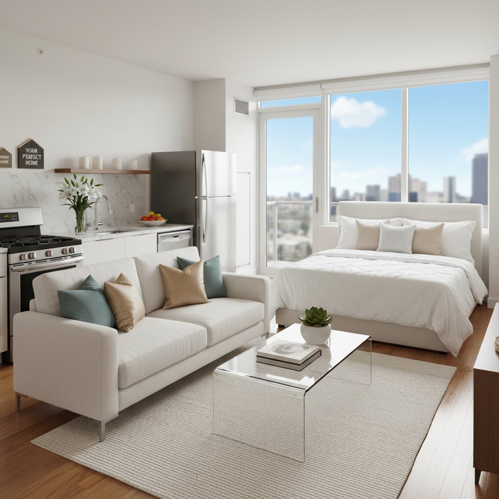 Staged apartment photo showing unrealistic perfection, with exaggerated lighting and decor for SEO-friendly apartment listings keyword