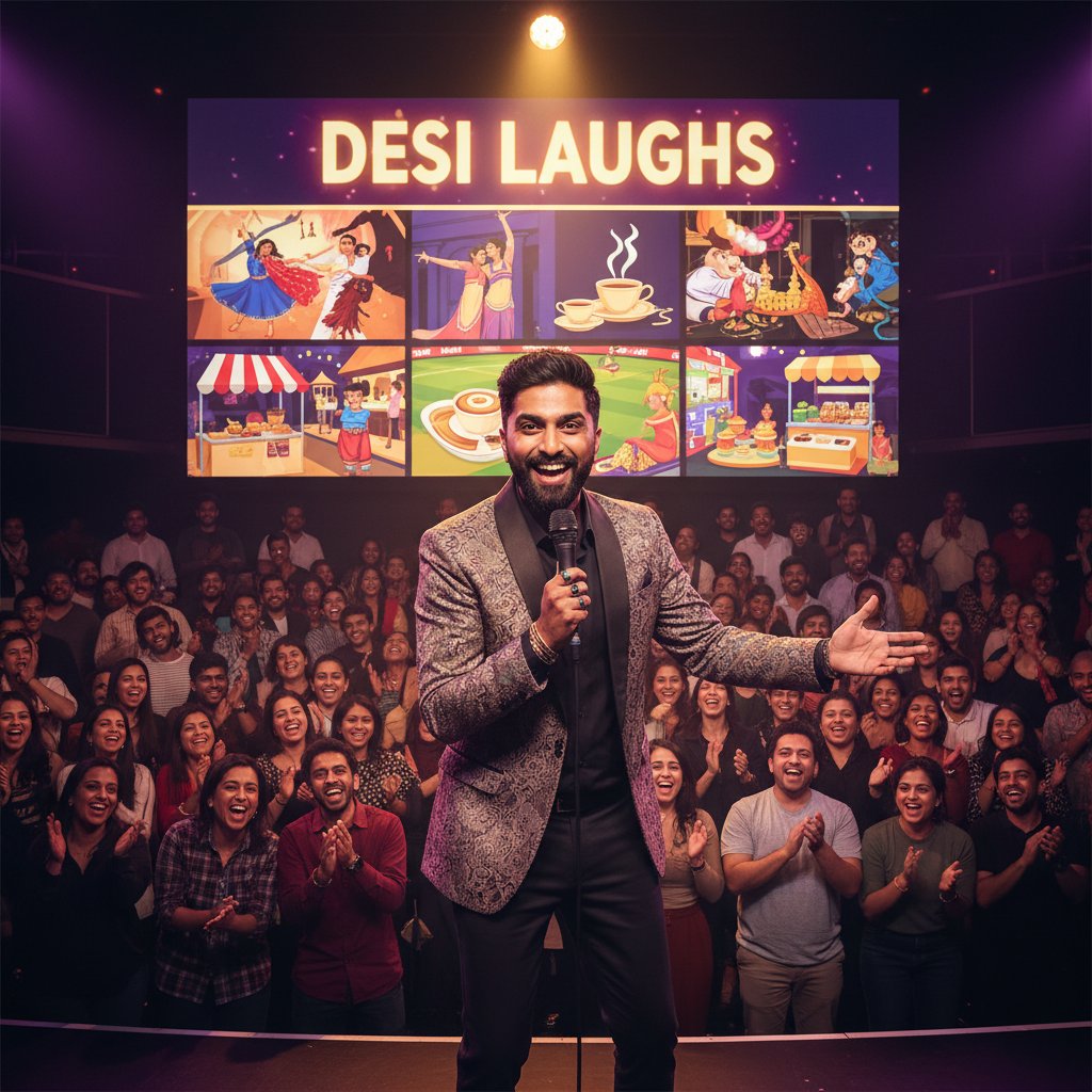 Close-up of international stand-up comedians on stage, animated gestures, and vibrant spotlights, energetic mood reflecting movie cultural specific comedy