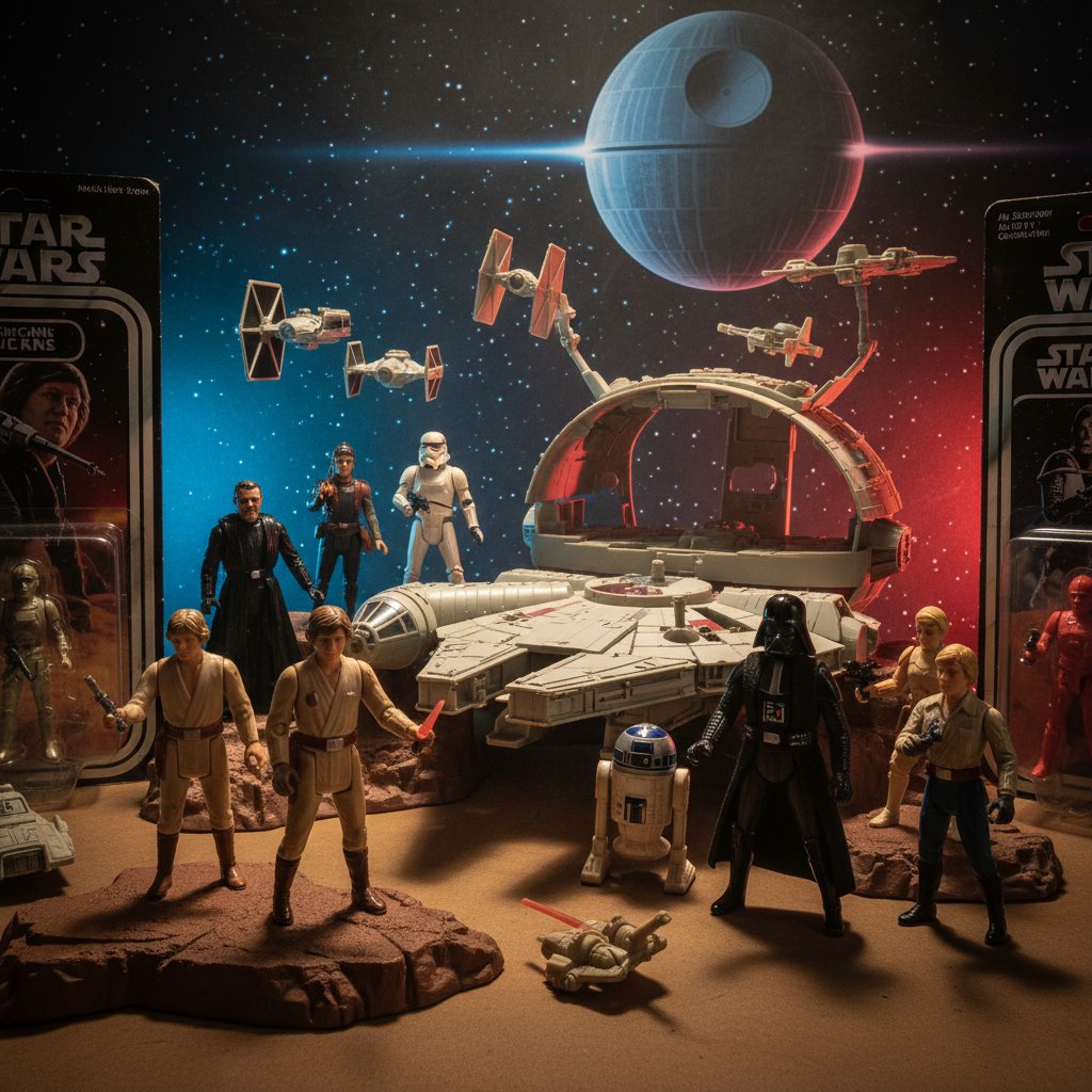 Studio-lit, dramatic shot of vintage Star Wars toys and packaging highlighting iconic merchandise