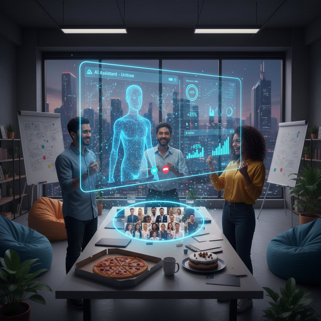 Startup founders in virtual meeting, AI assistant visible on screen, team celebrating, data analytics dashboard in background