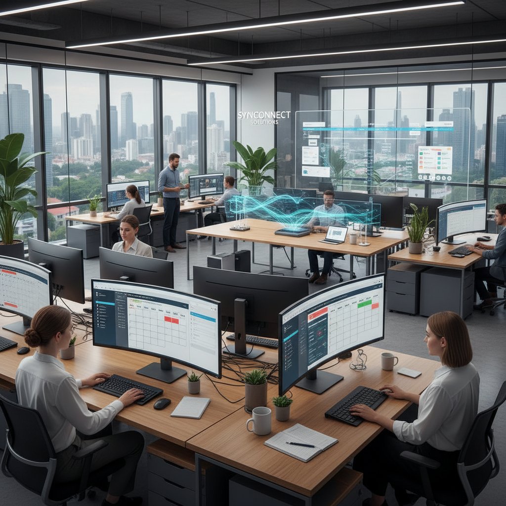 Montage: small startup team and large corporate office, both using digital scheduling tools for meetings