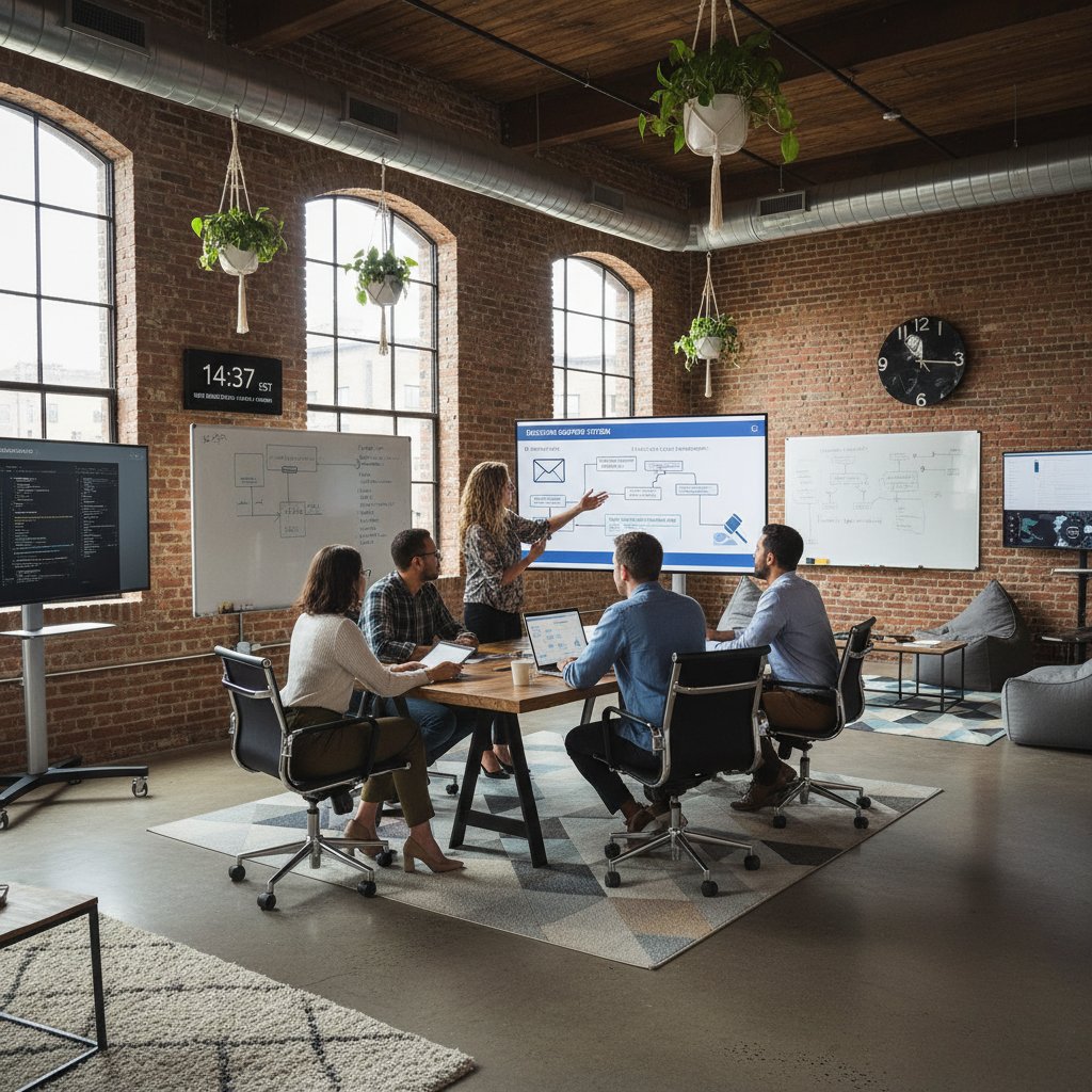 Startup team in heated meeting, AI-powered email thread displayed, legal documents in background