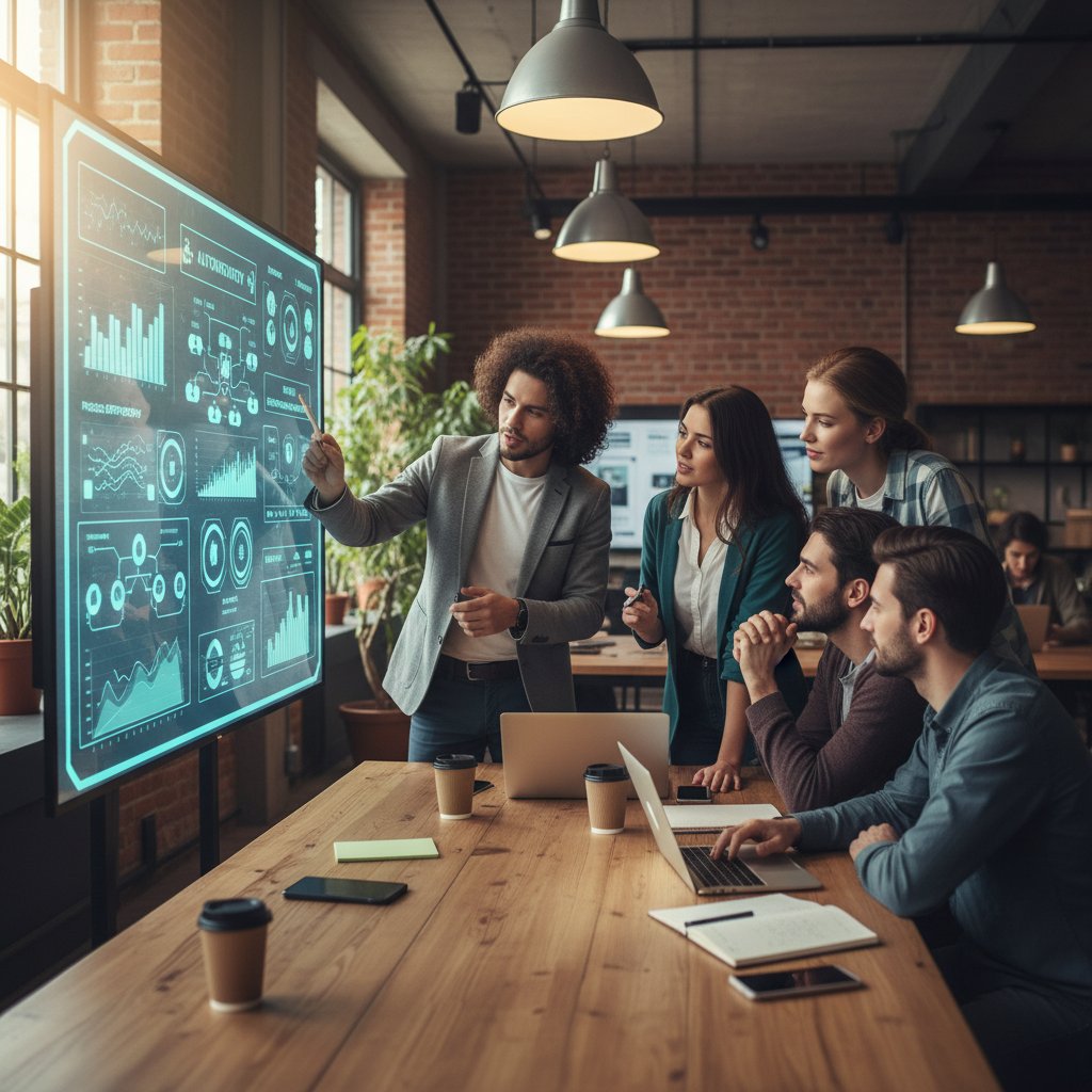 Mały zespół startupowy analizuje dashboard automatyzacji w biurze coworkingowym