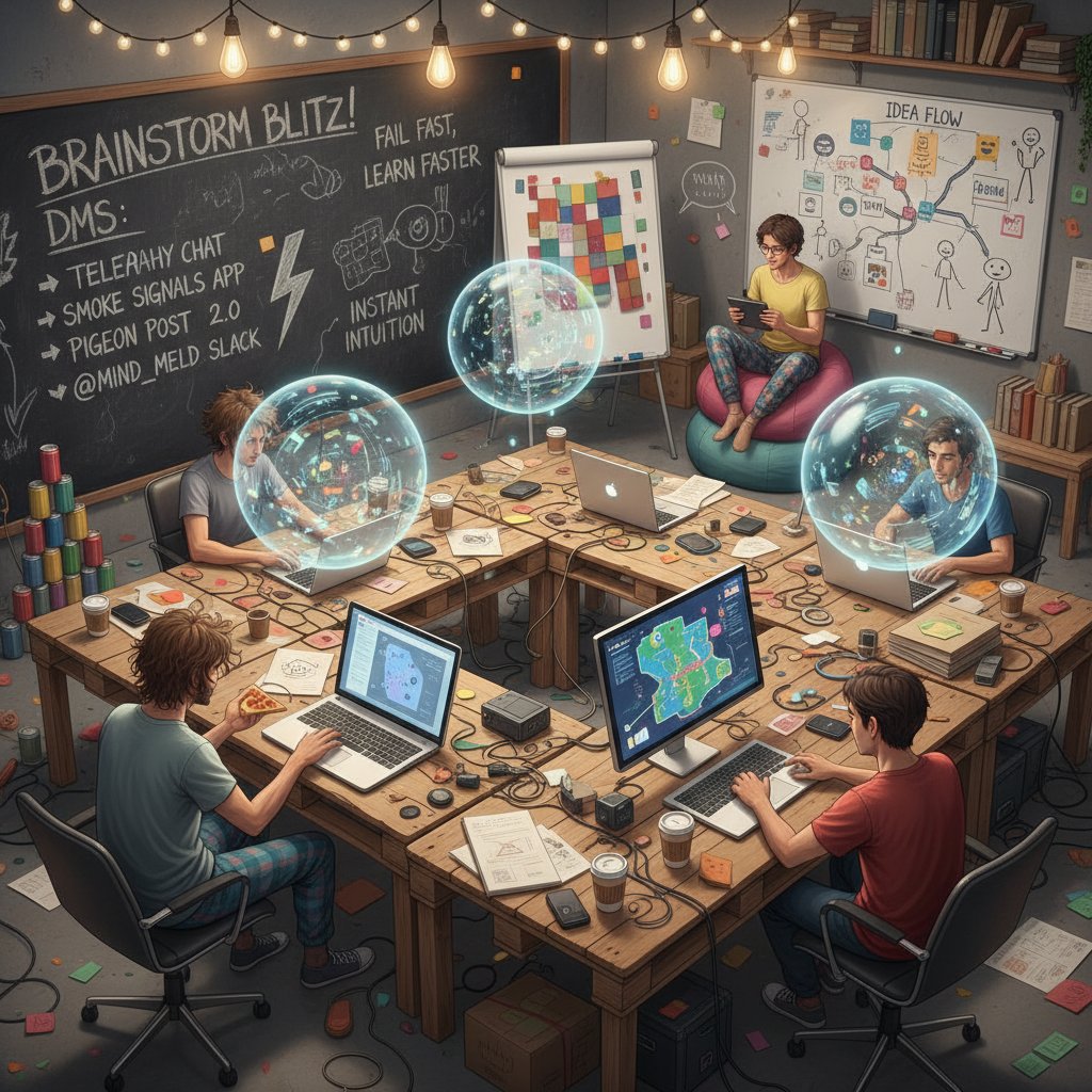Small gritty startup team in a chaotic workspace, thriving with unconventional document management software
