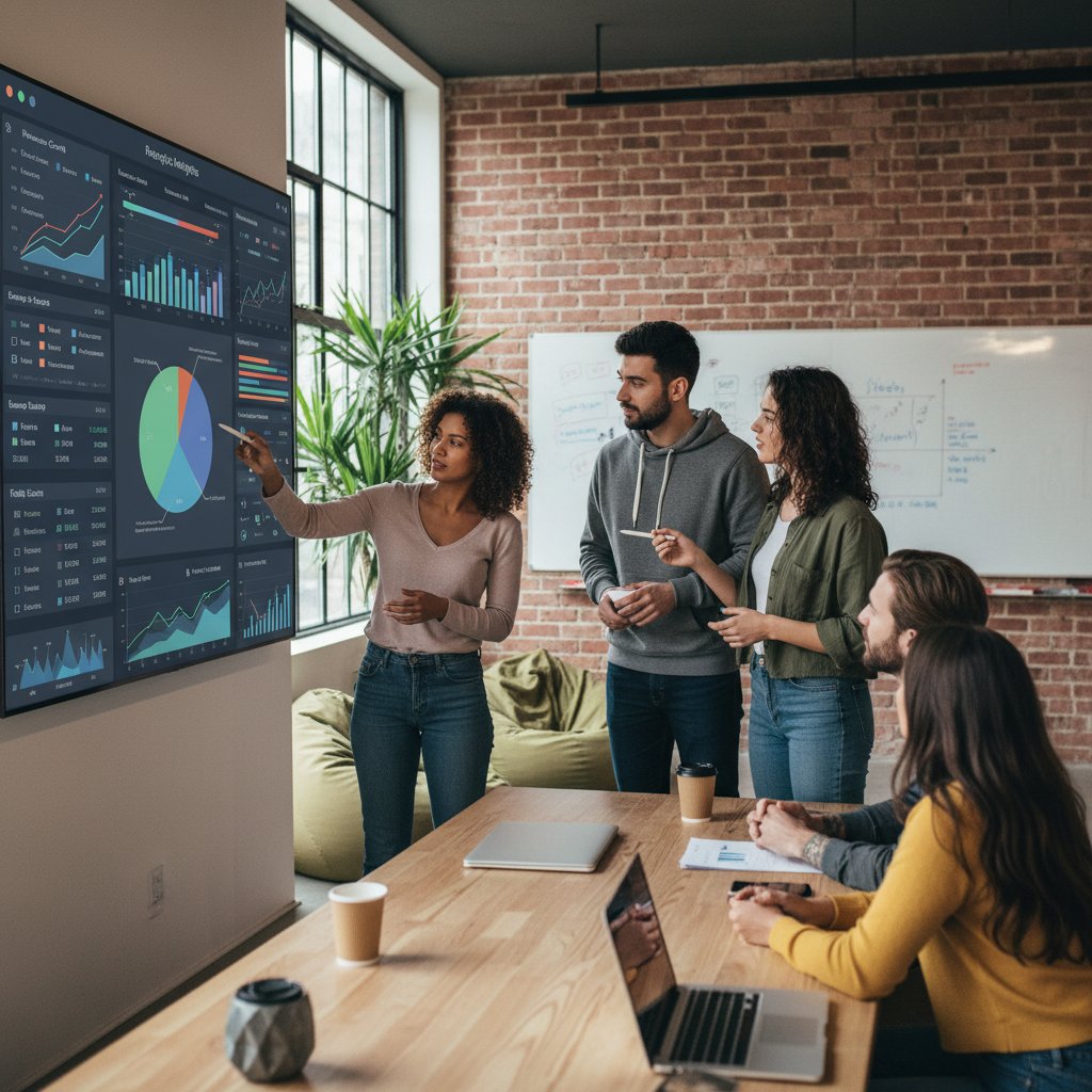 Zespół startupu analizujący dane na tle cyfrowych dashboardów