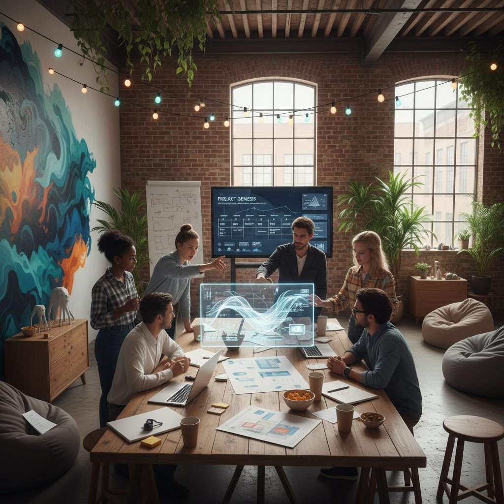 Zespół startupowy pracujący nad innowacyjnym projektem technologicznym, kreatywne otoczenie
