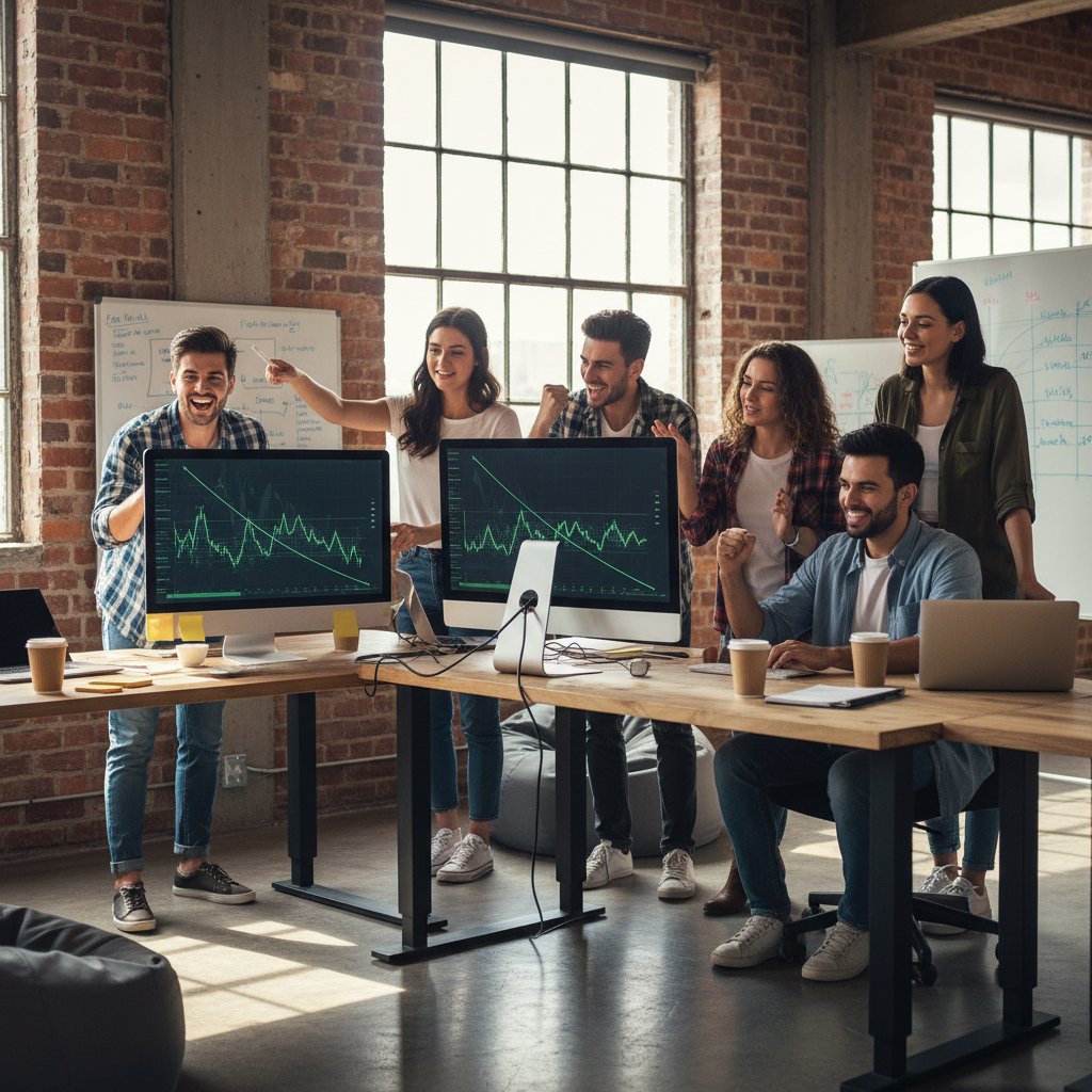 Zespół startupu analizujący wykresy regresji na dużym monitorze w biurze