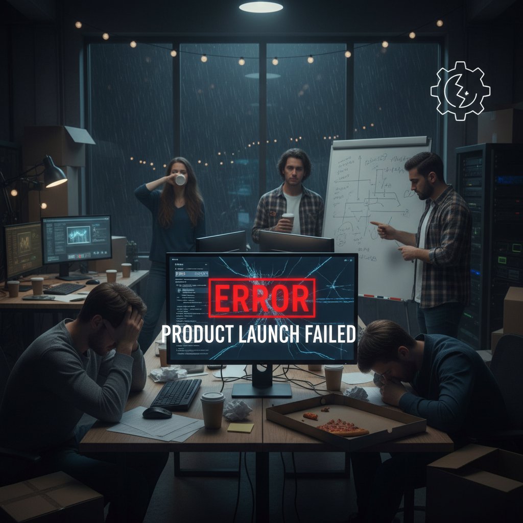 Członkowie startupu przy komputerach, skupieni, stres, nocna praca nad produktem