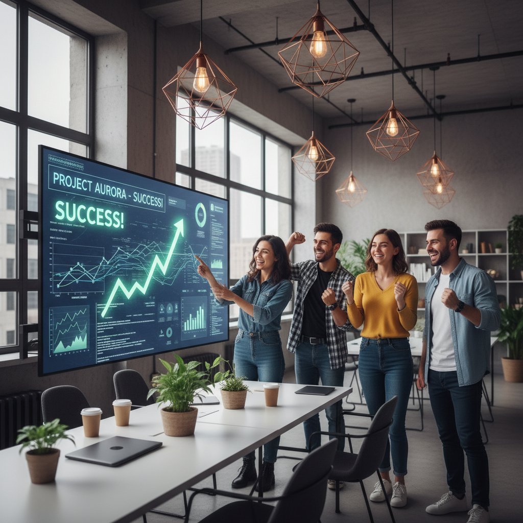 Startup team in modern office, pointing at data on screen, celebrating chatbot analytics breakthrough