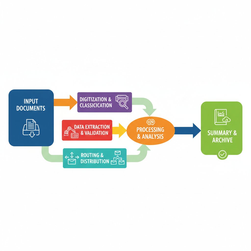 Workflow map showing document summarization process, bold colors, clear icons, step-by-step
