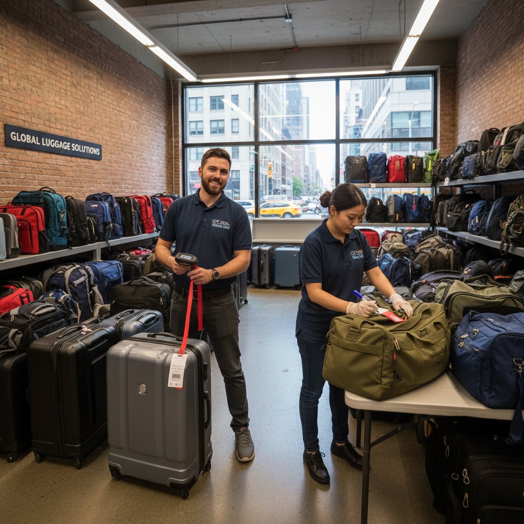 Luggage service workers tagging and organizing bags in a modern facility, illustrating the meticulous process behind secure storage