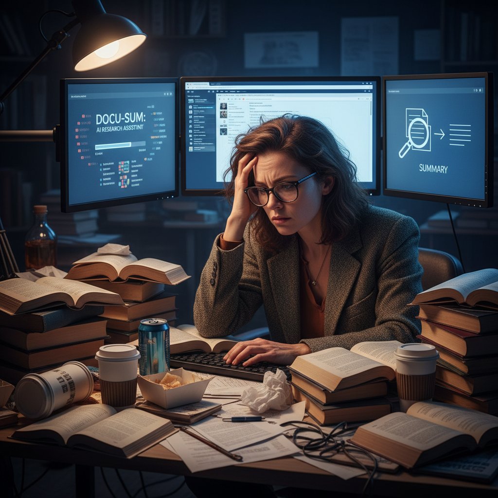 A stressed academic surrounded by overflowing shelves and digital screens, capturing the document summarizer for academic professionals struggle