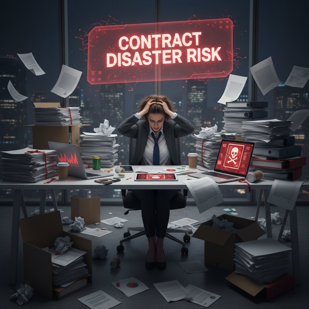 Businessperson stressed over stacks of contracts, highlighting contract disaster risk