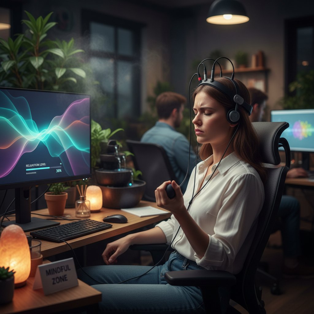 Stresujący pracownik biurowy w trakcie relaksującej sesji EEG biofeedback