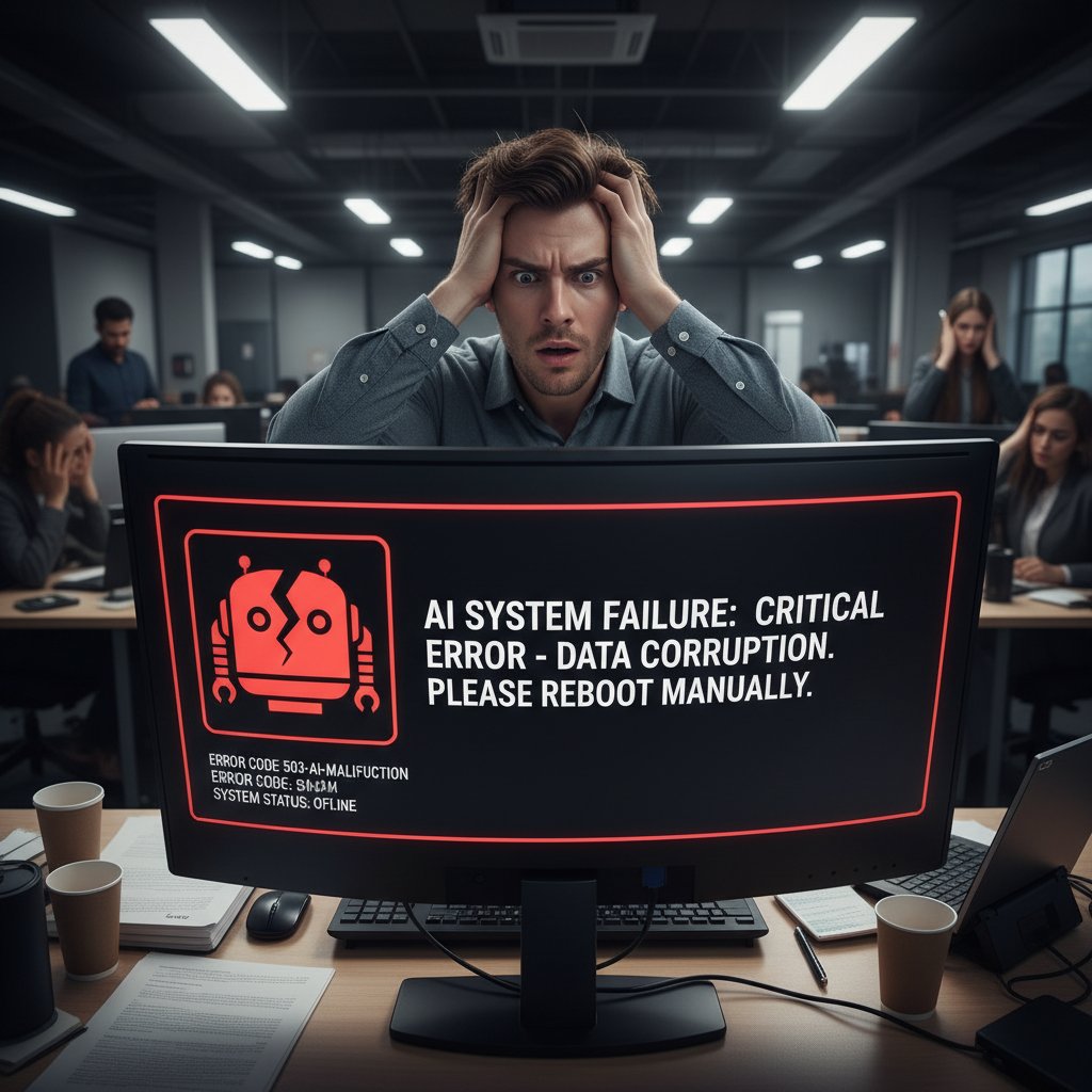 Zestresowany konsultant patrzy na ekran z błędem AI – zdjęcie ilustrujące porażki automatyzacji w polskich firmach