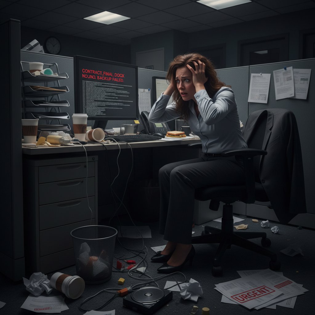 Stressed employee at desk with scattered papers, missing contract, and a failed backup system