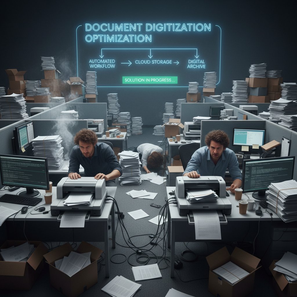 Stressed employees with malfunctioning scanners and paper stacks, document digitization optimization failure