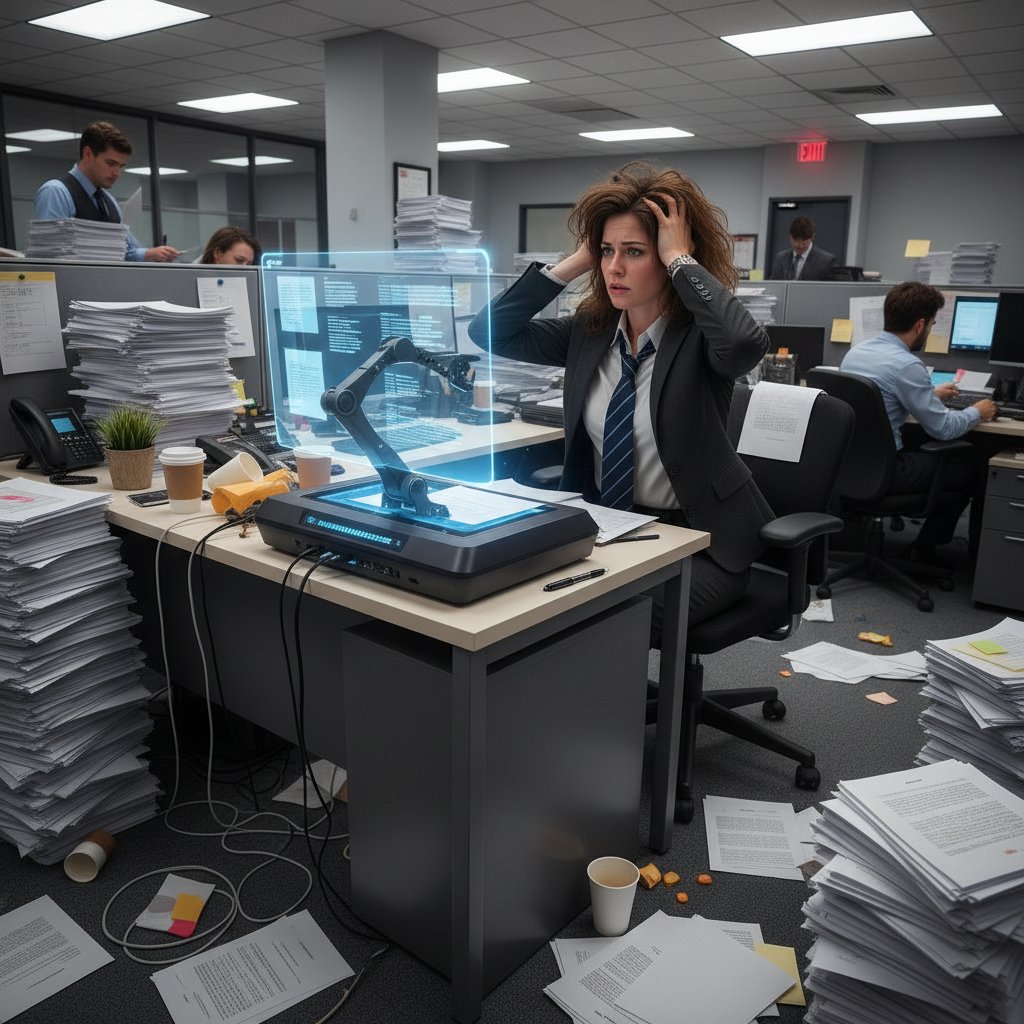 Stressed executive surrounded by paperwork and digital overload, document summarizer for actionable insights in office setting