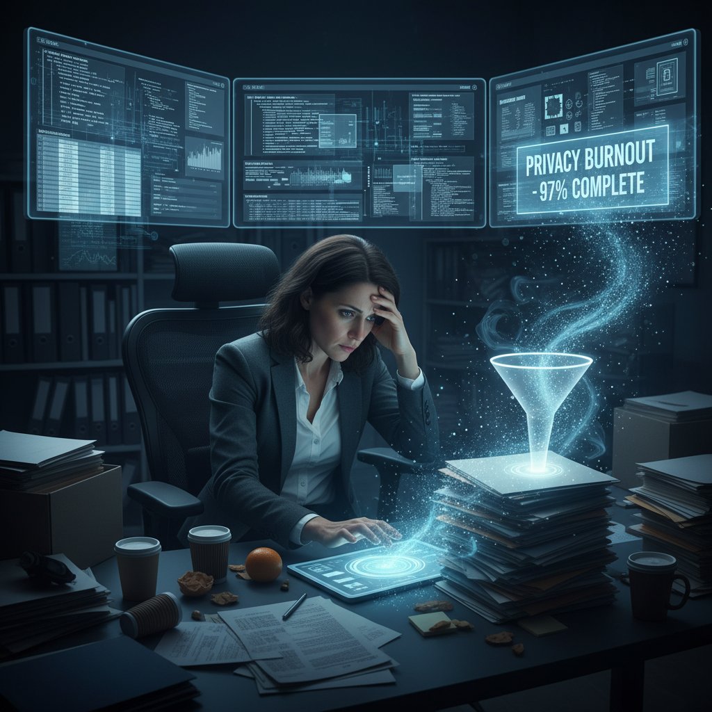 Stressed office worker staring at screens full of digital documents, representing privacy and digital burnout risks in document digitization