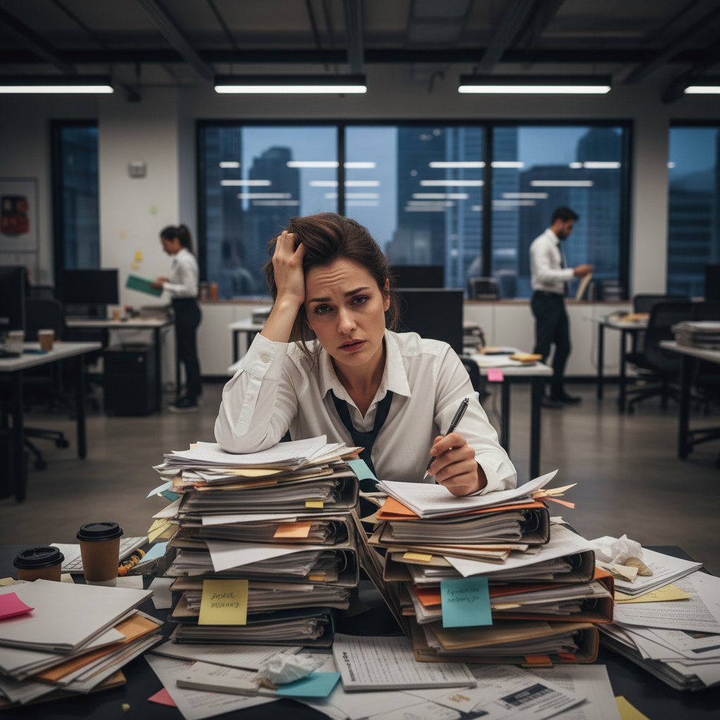 Zestresowany pracownik biurowy otoczony papierami w nowoczesnym biurze, na twarzy widać frustrację