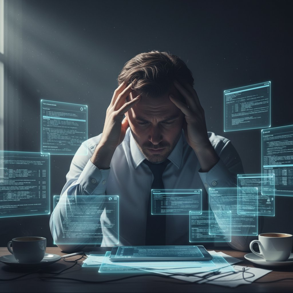 Stressed professional surrounded by digital document chaos, burnout, document summarizer for efficient workflow