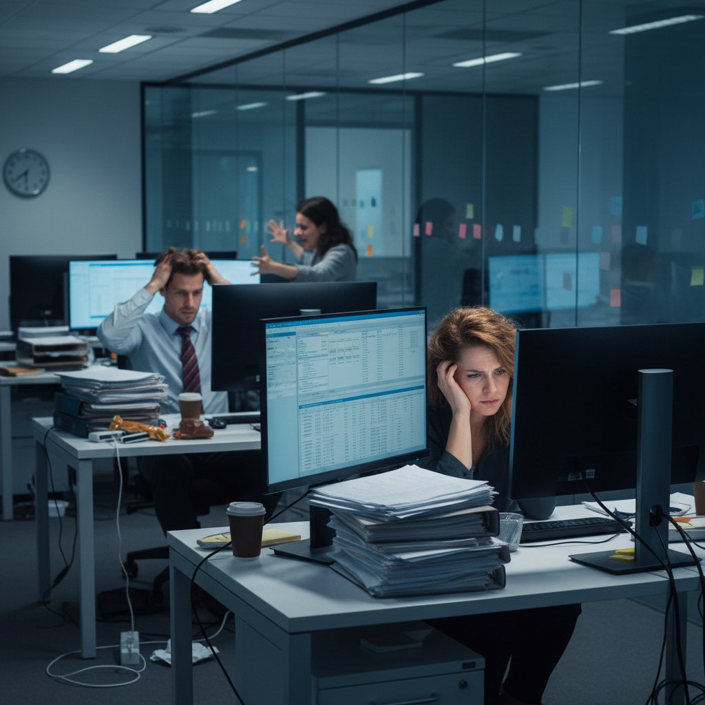 Dramatic photo of stressed professionals surrounded by both paperwork and screens, illustrating document digitization risks