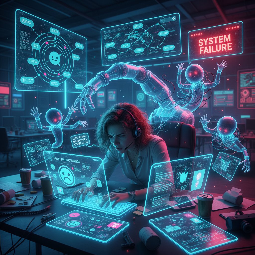 Stressed support agent surrounded by paper tickets and blinking monitors, documentary-style, edgy shadows, 16:9, AI-powered virtual help desk chaos