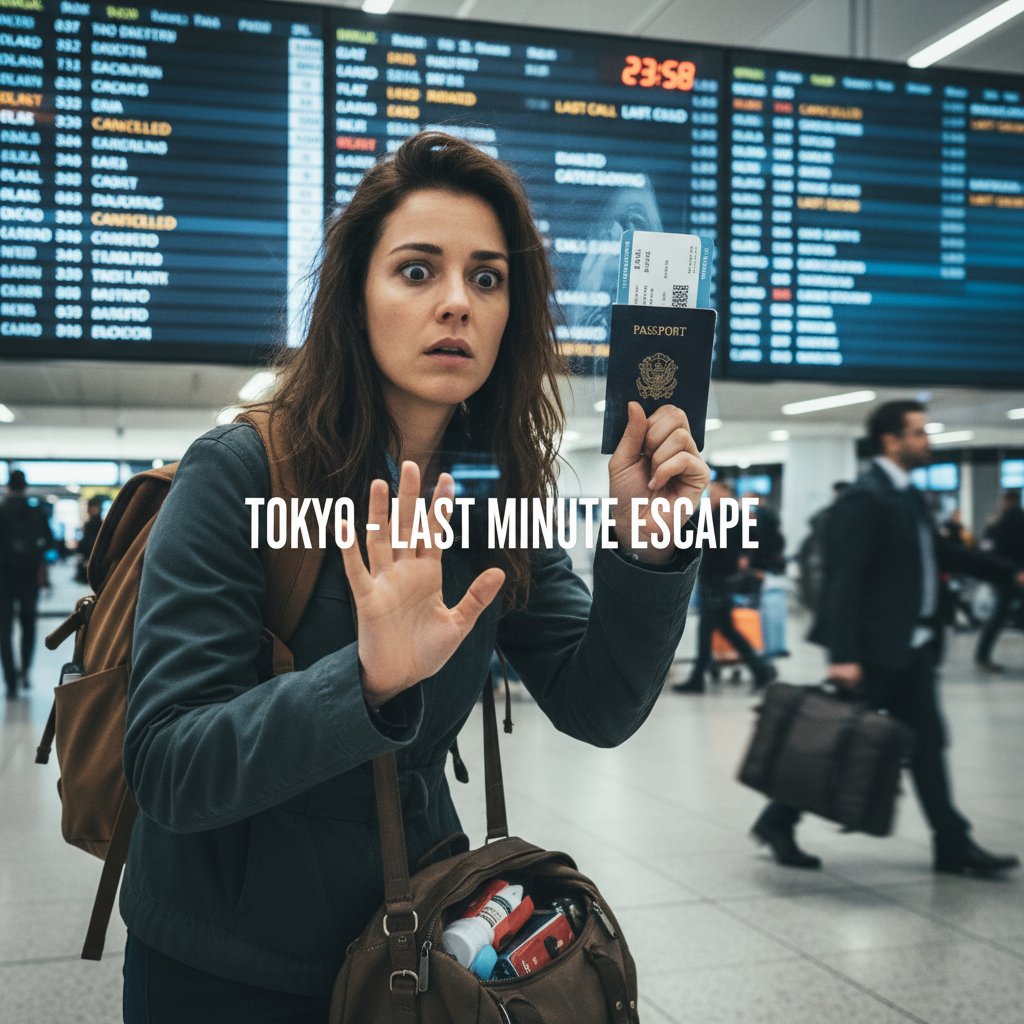 Stressed traveler staring at departure boards, longing for an impulsive journey; escape flights, last-minute travel