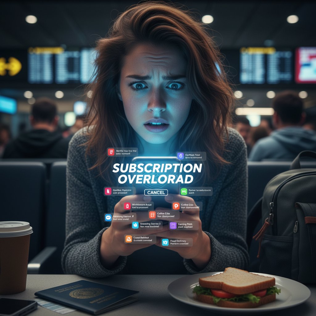 Traveler stressed by too many travel subscriptions and alerts on smartphone