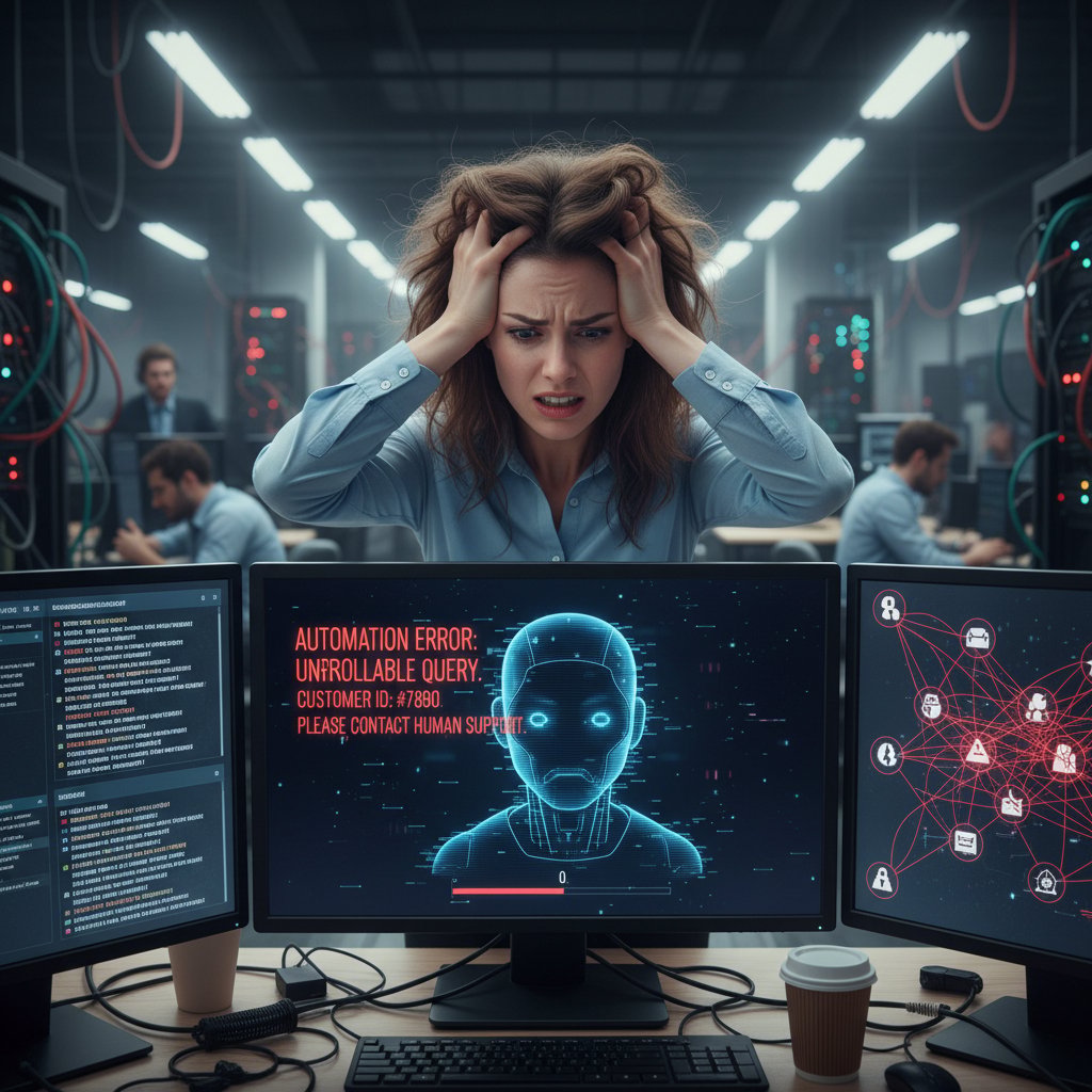 Zestresowany pracownik sprawdzający błędy systemu automatyzacji obsługi klienta