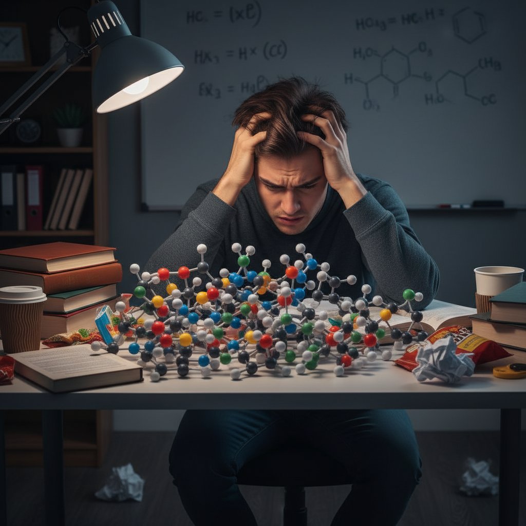 Student zmaga się z nauką biochemii, otoczony notatkami i modelem molekularnym