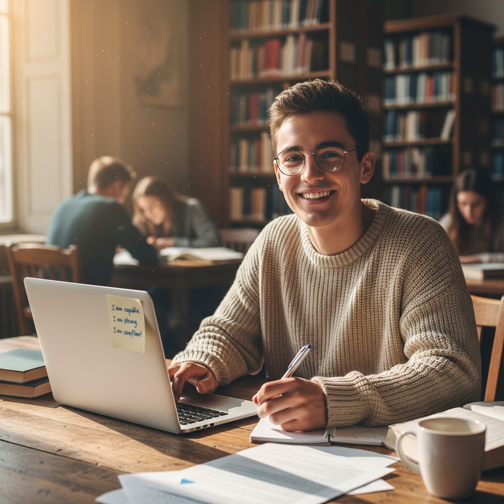 Młody student przy komputerze, uśmiechnięty, notatka z afirmacją obok klawiatury – studia, technologia, afirmacje